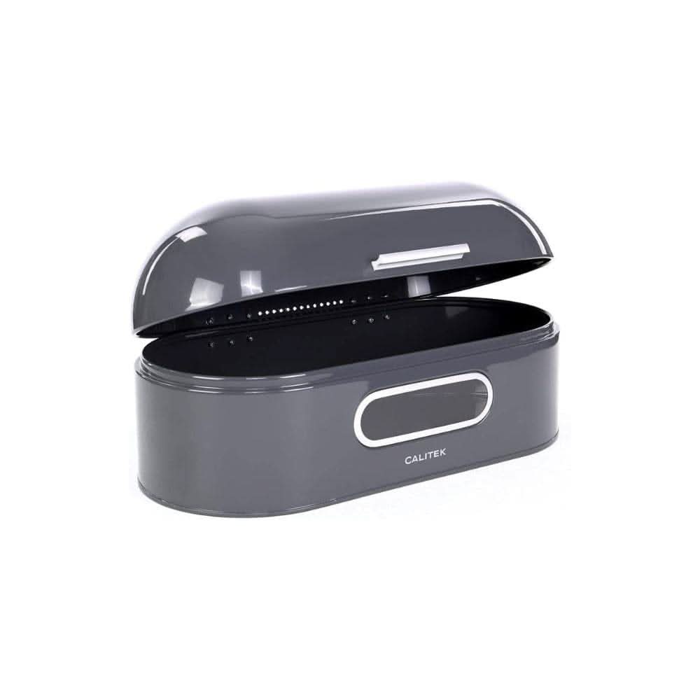 Calitek retro bread bin in gray with curved lid open showing spacious interior