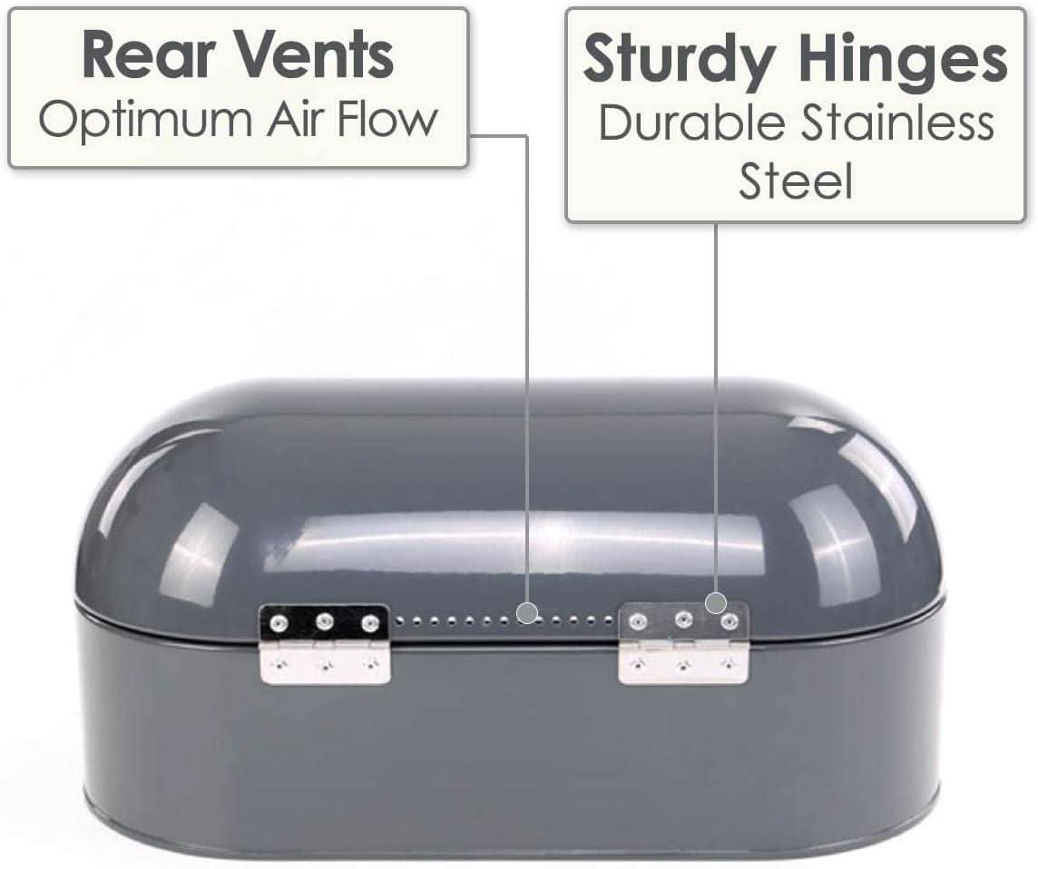 Calitek retro bread bin in gray with rear vents for airflow and sturdy stainless steel hinges