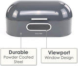 Calitek retro bread bin in gray powder coated steel with durable design and viewport window