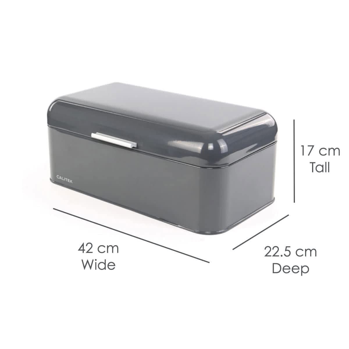 Calitek retro steel bread bin in dark gray with silver handle and dimensions labeled