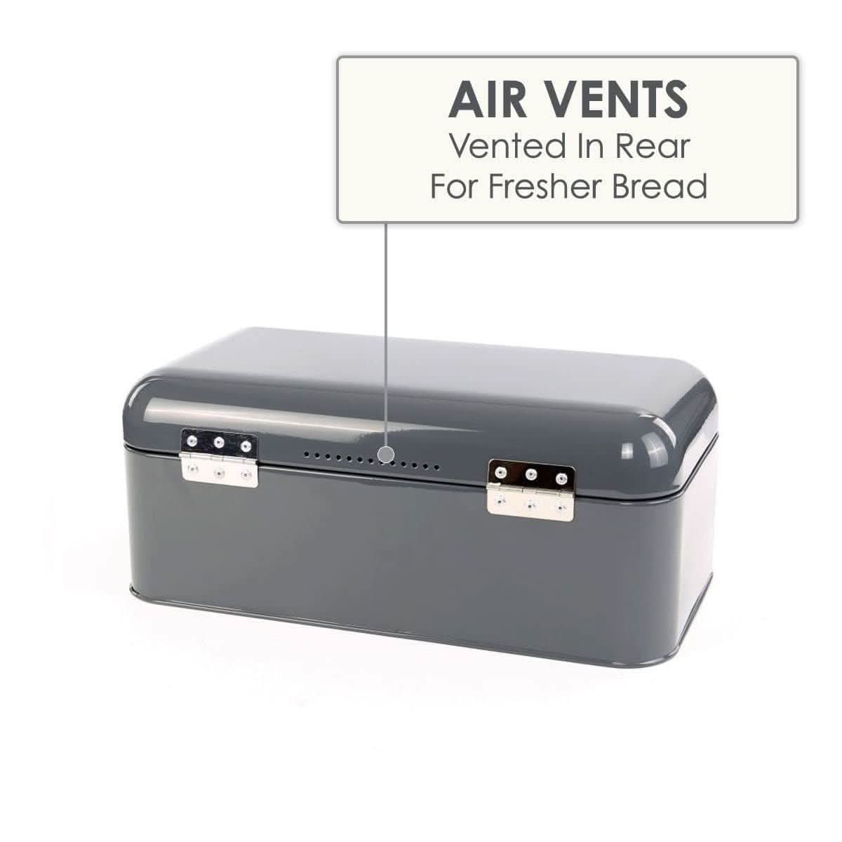 Calitek retro steel bread bin in gray with air vents for fresher bread storage