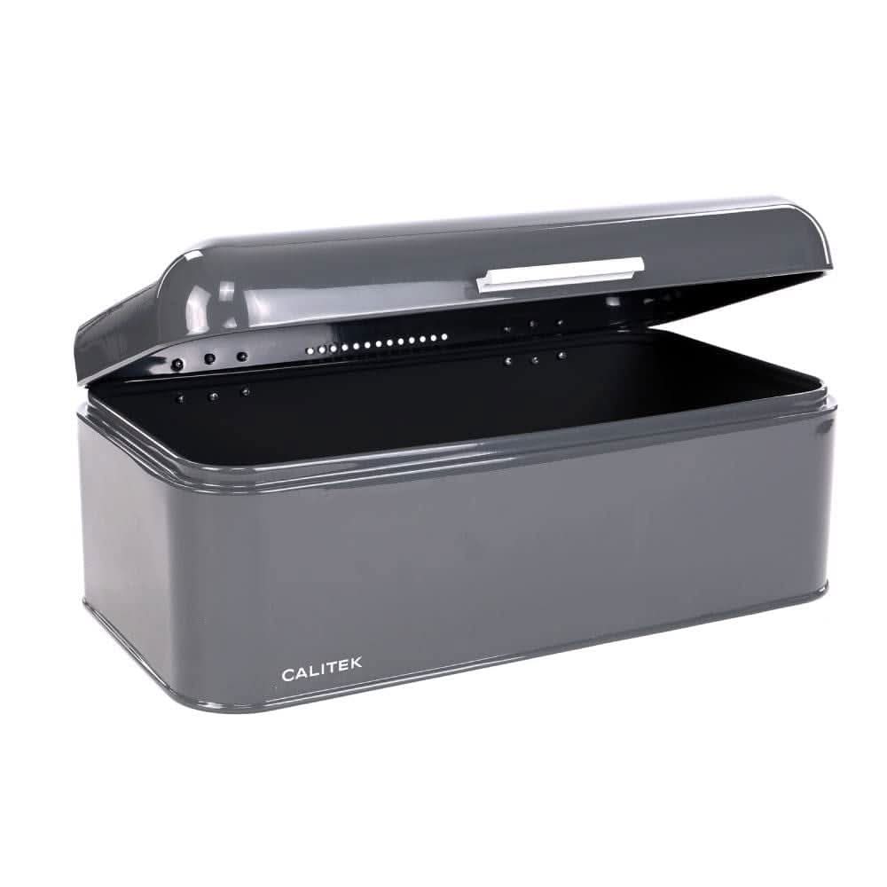 Calitek retro steel bread bin in gray with hinged lid open for easy bread storage