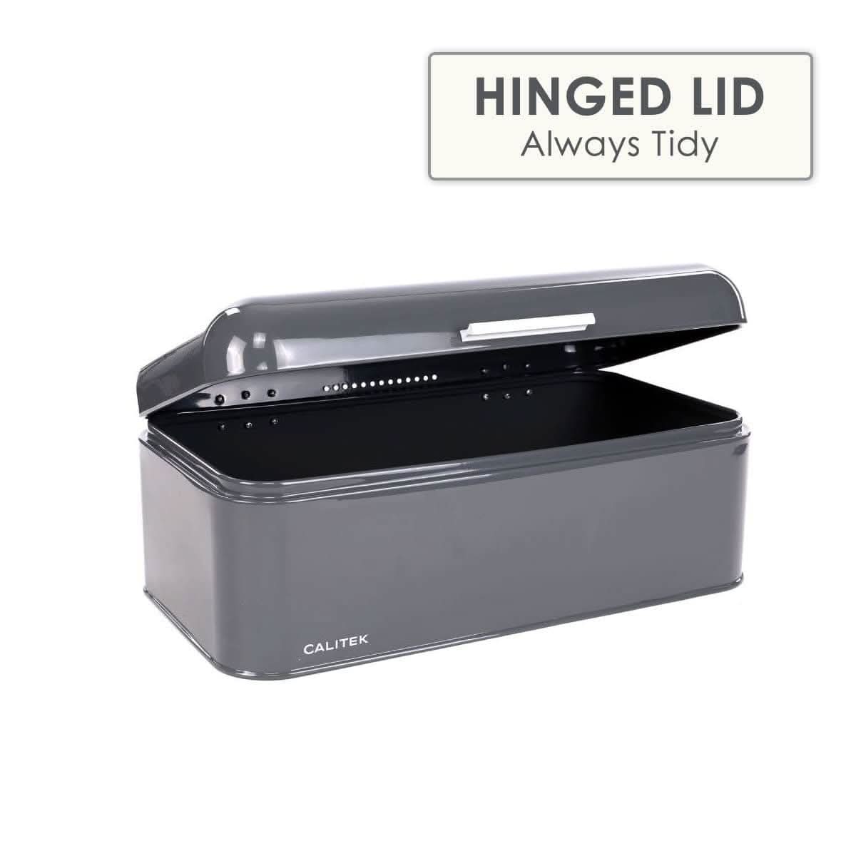Calitek retro steel bread bin in gray with hinged lid for easy access and tidy storage