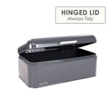 Calitek retro steel bread bin in gray with hinged lid for easy access and tidy storage