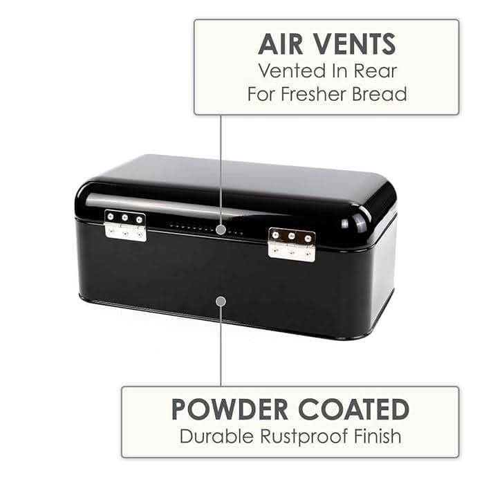 Calitek retro style bread bin in black with powder coated rustproof finish and rear air vents for fresh bread