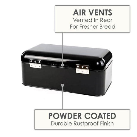 Calitek retro style bread bin in black with powder coated rustproof finish and rear air vents for fresh bread