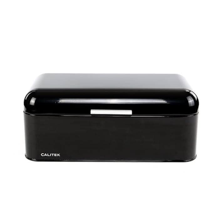 Calitek retro style bread bin in black with a sleek handle and rounded edges
