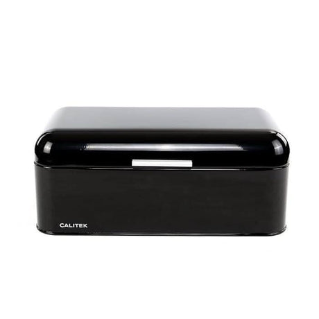 Calitek retro style bread bin in black with a sleek handle and rounded edges