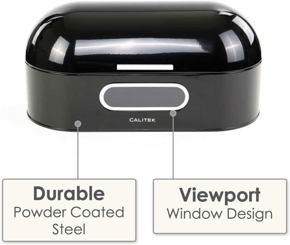 Calitek retro style bread bin in black powder coated steel with viewport window design