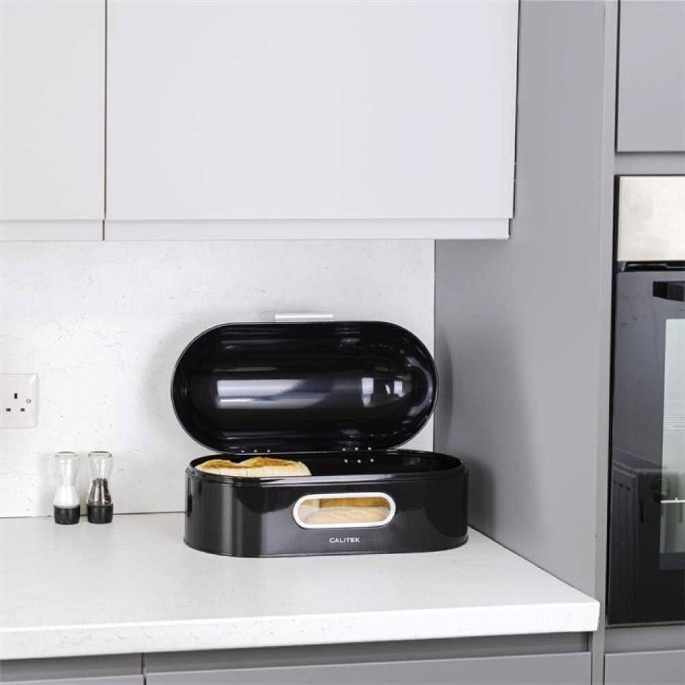 Calitek black retro style bread bin with open lid showing bread inside on kitchen countertop
