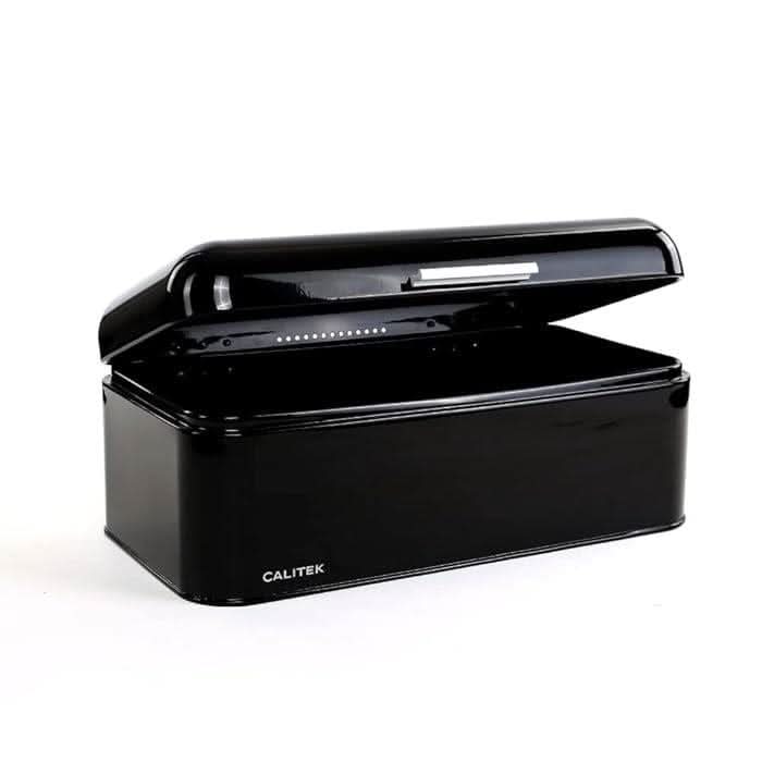 Calitek black retro style bread bin with hinged lid open for easy access to stored bread
