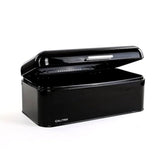 Calitek black retro style bread bin with hinged lid open for easy access to stored bread