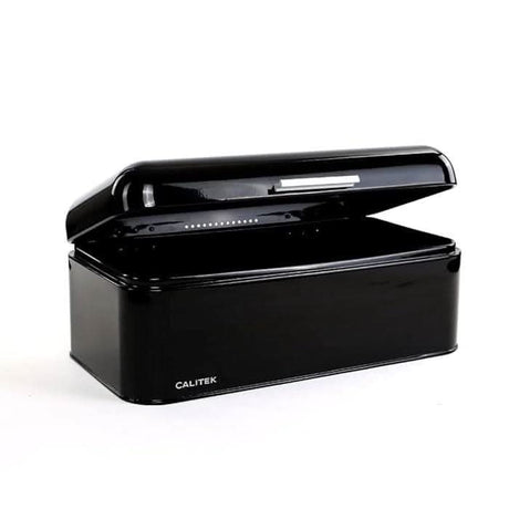 Calitek black retro style bread bin with hinged lid open for easy access to stored bread