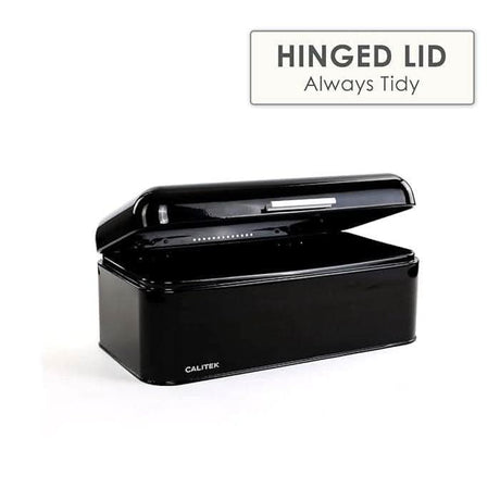 Calitek retro style bread bin in black with hinged lid design for easy access and tidy storage