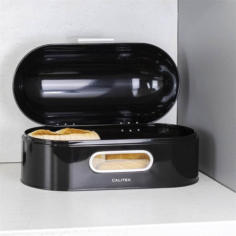 Calitek retro style bread bin in black metal with lid open showcasing stored bread inside