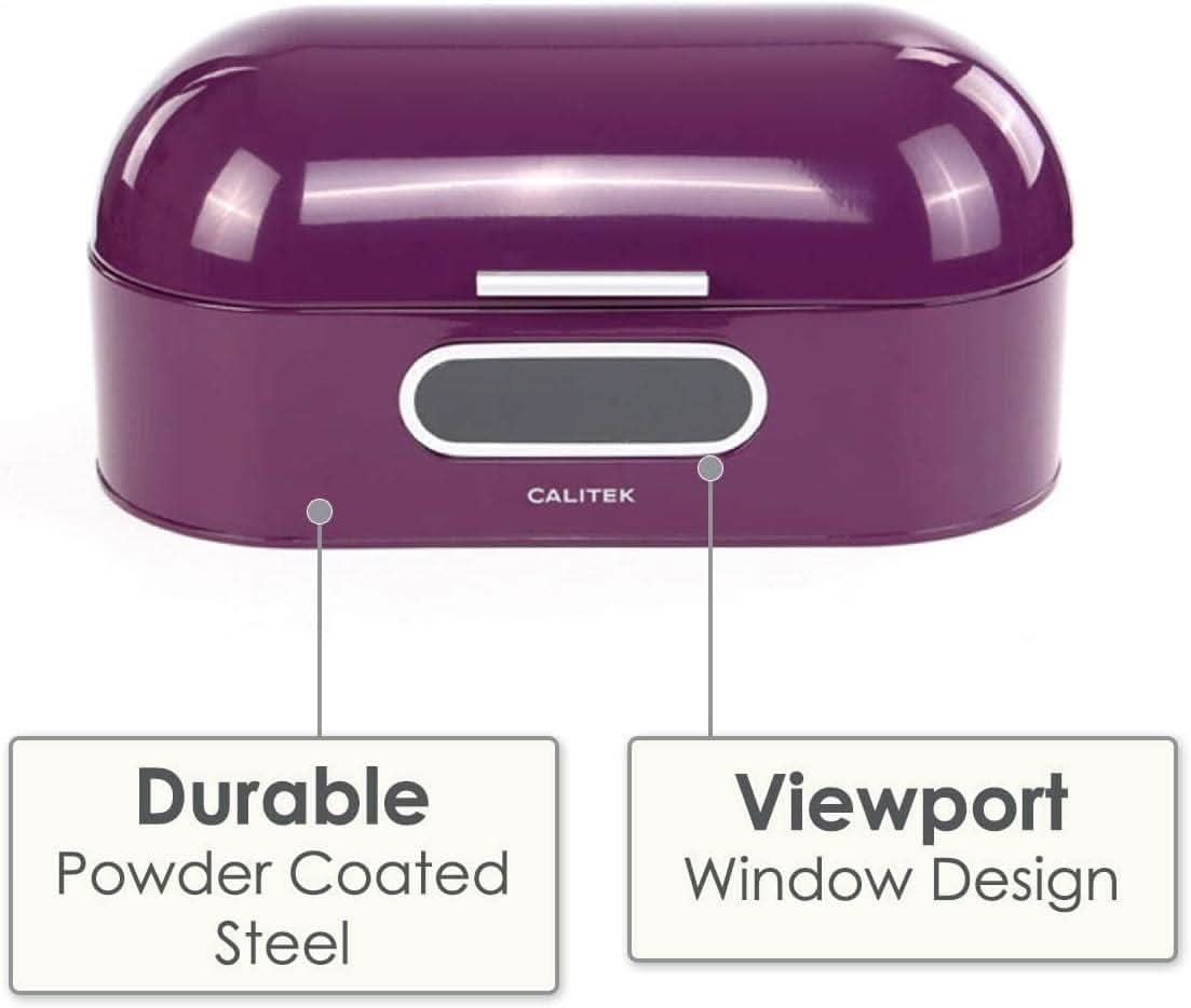 Calitek retro style bread bin in purple with durable powder coated steel and viewport window design