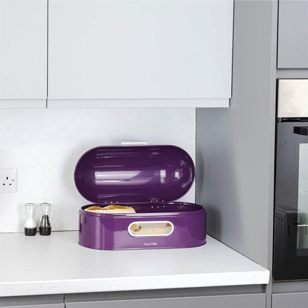 Calitek retro style bread bin in purple with a hinged lid open showing fresh bread inside