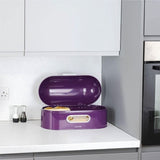 Calitek retro style bread bin in purple with a hinged lid open showing fresh bread inside