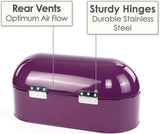 Calitek retro style bread bin in purple with rear vents for airflow and sturdy stainless steel hinges