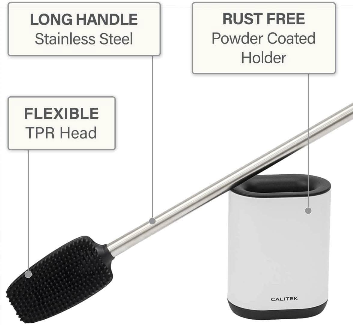 Calitek silicone toilet brush with stainless steel handle featuring flexible TPR head and rust free powder coated holder