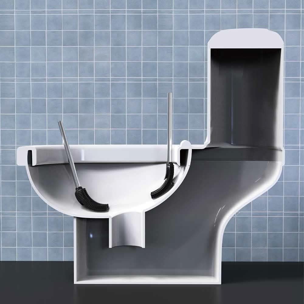 Calitek silicone toilet brush with stainless steel handle displayed inside a cutaway toilet illustration