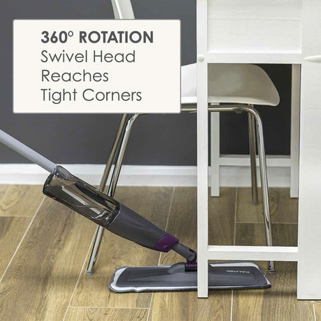 Calitek spray mop with refillable bottle featuring 360 degree rotation swivel head for tight corners