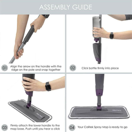 Calitek spray mop with refillable bottle assembly guide showing handle alignment and bottle attachment