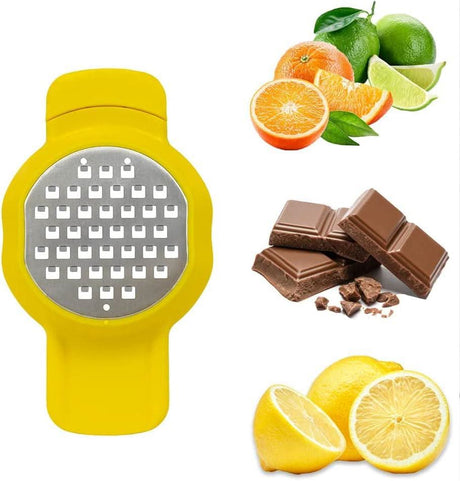 Calitek stainless steel grater and zester set with yellow handle and examples of citrus fruits and chocolate