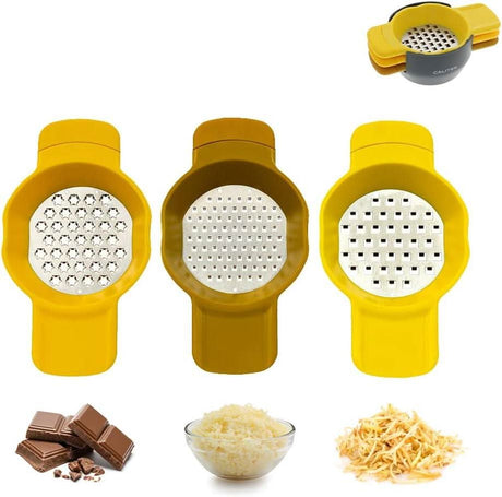Calitek stainless steel grater and zester set with three yellow handheld graters for chocolate cheese and vegetables