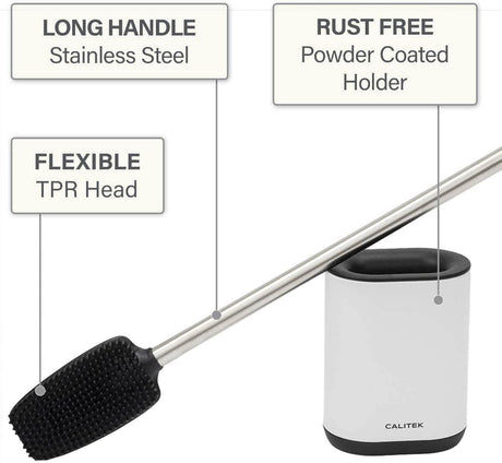 CLICKK Home Store CAL145 CALITEK Toilet Brush Flexible Silicon Bristles and Brush Head with Non Slip Long Stainless Steel Handle White
