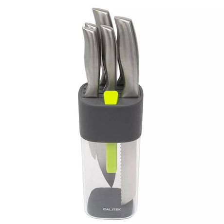 Calitek universal knife block with sharpener holding five stainless steel knives upright