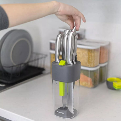 Calitek universal knife block with sharpener holding stainless steel knives on kitchen countertop