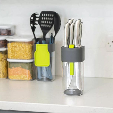 Calitek universal knife block with sharpener holding stainless steel knives on kitchen counter