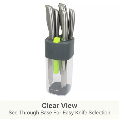 Calitek universal knife block with sharpener featuring a clear view base for easy knife selection