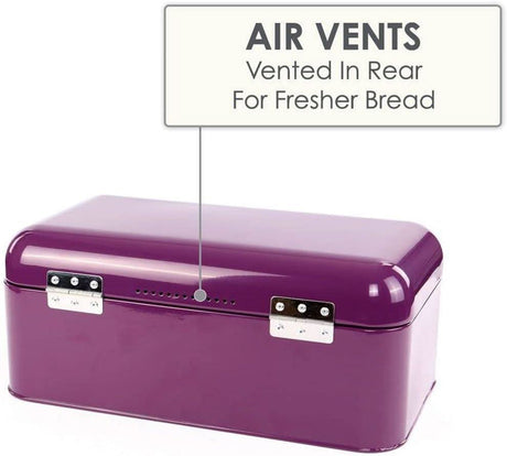 Calitek vintage bread bin in purple with rear air vents for keeping bread fresh