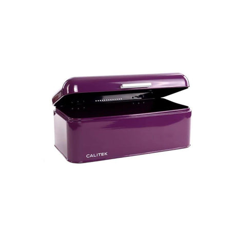 Calitek purple vintage bread bin with hinged lid open for kitchen storage