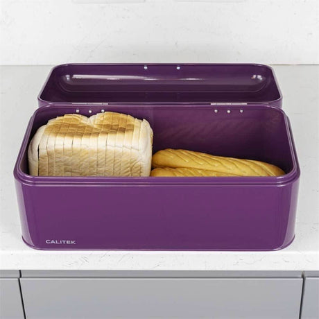 Calitek purple vintage bread bin with sliced white bread and baguette inside on kitchen counter