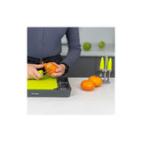 Calitek fruit tool set stainless steel with green handles used for peeling and cutting oranges