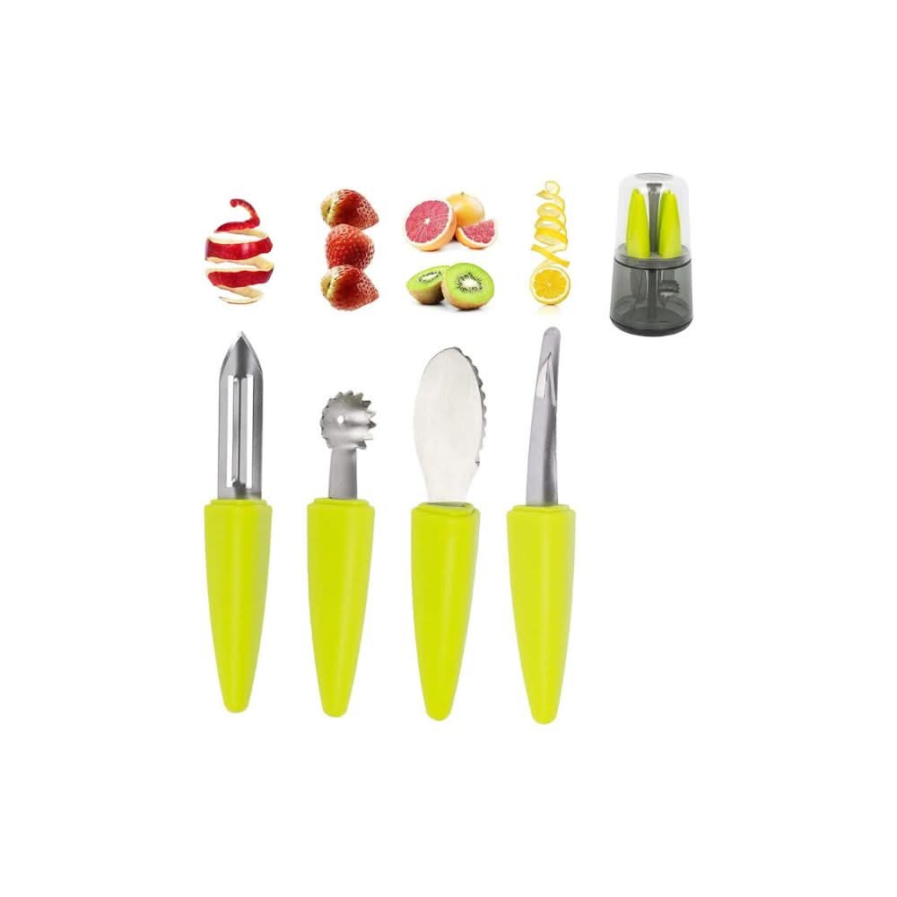 Calitek fruit tool set stainless steel with yellow handles including peeler corer slicer and spiral cutter