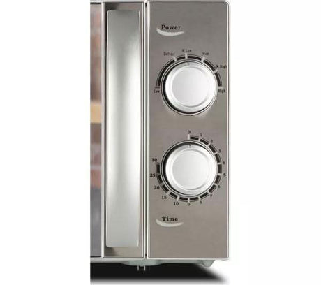 Control panel with timer and power settings on a Candy 700W Microwave Oven in stainless steel finish
