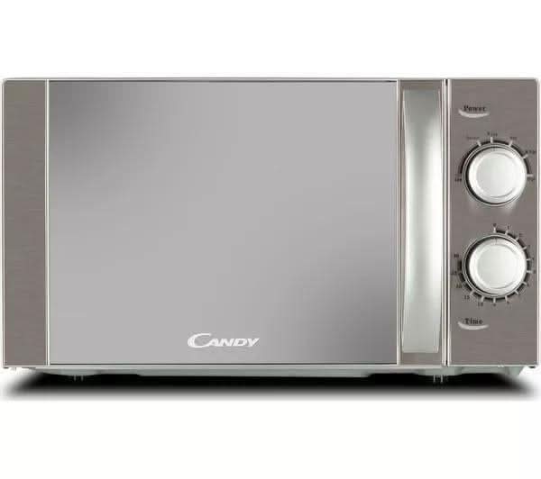 Candy 700W Microwave Oven in silver with manual control knobs and sleek modern design