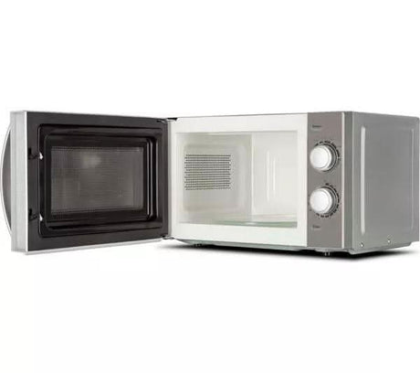CLICKK Home Store Candy 700W Microwave Oven with open door and manual control knobs