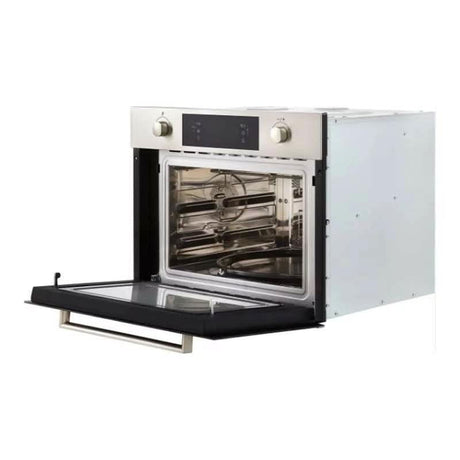 CLICKK Home Store built-in microwave combi with stainless steel finish and open door showing interior cavity