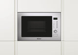 Candy built-in microwave with grill in stainless steel integrated into white kitchen cabinetry
