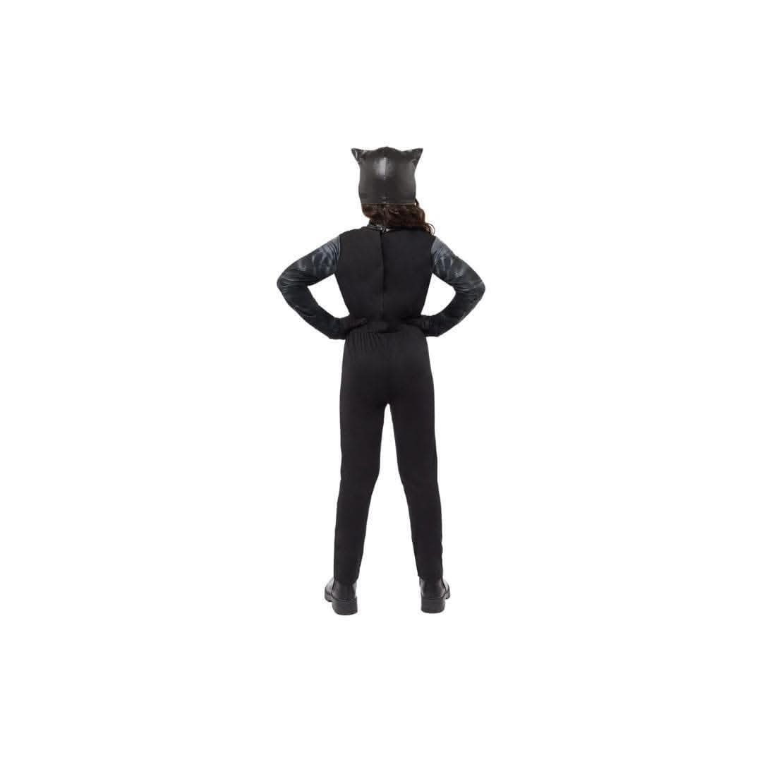 Back view of Catwoman kids costume 8-10 years in black with cat ears and fitted design