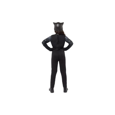 Back view of Catwoman kids costume 8-10 years in black with cat ears and fitted design