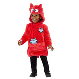 Toddler wearing a red Cbeebies Love Monster costume with hood and playful patches