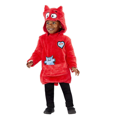 Toddler wearing a red Cbeebies Love Monster costume with hood and playful patches