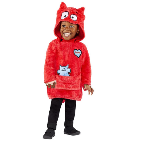 Child wearing Cbeebies Love Monster costume red plush hooded outfit with eyes and ears