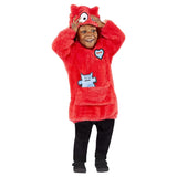 Child wearing a red Cbeebies Love Monster costume with hood and applique details from CLICKK Home Store